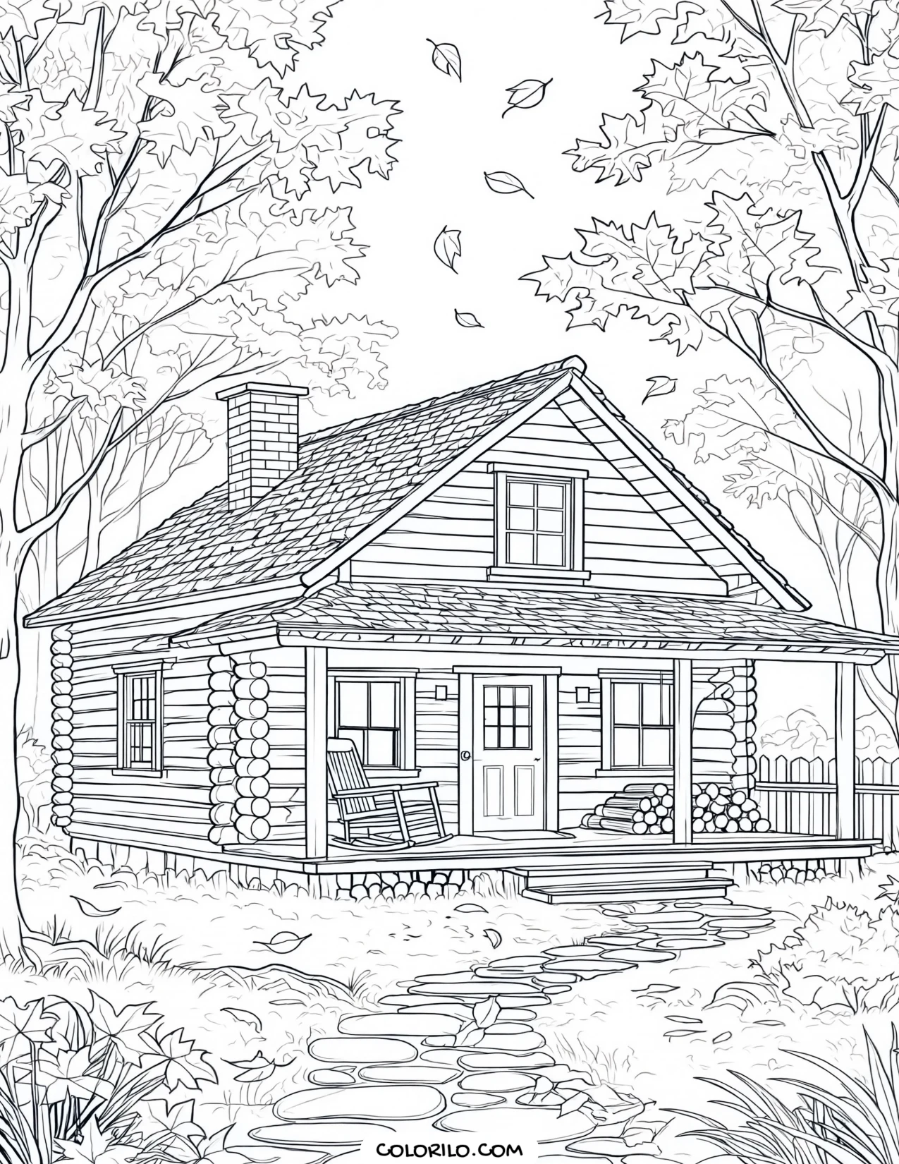 A cosy cabin in the autumn woods coloring page