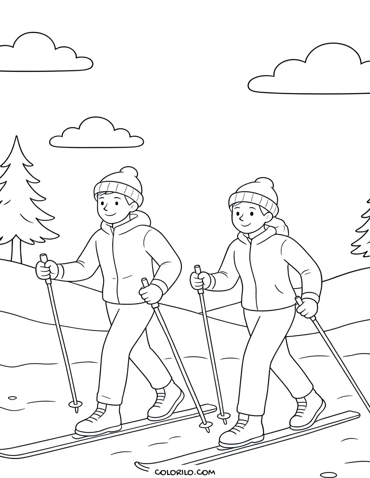 Cross-country skiing through the snow coloring page