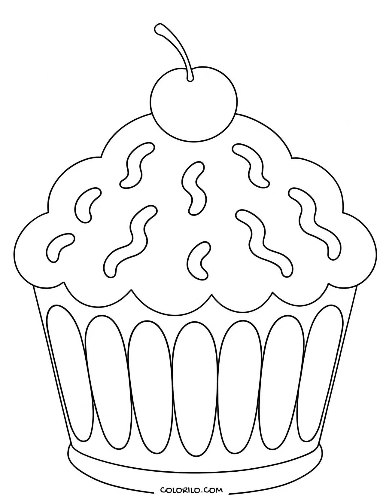 A frosted cupcake topped with a cherry coloring page