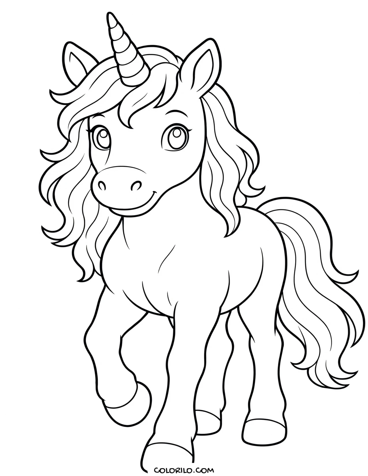 A baby unicorn taking a walk coloring page