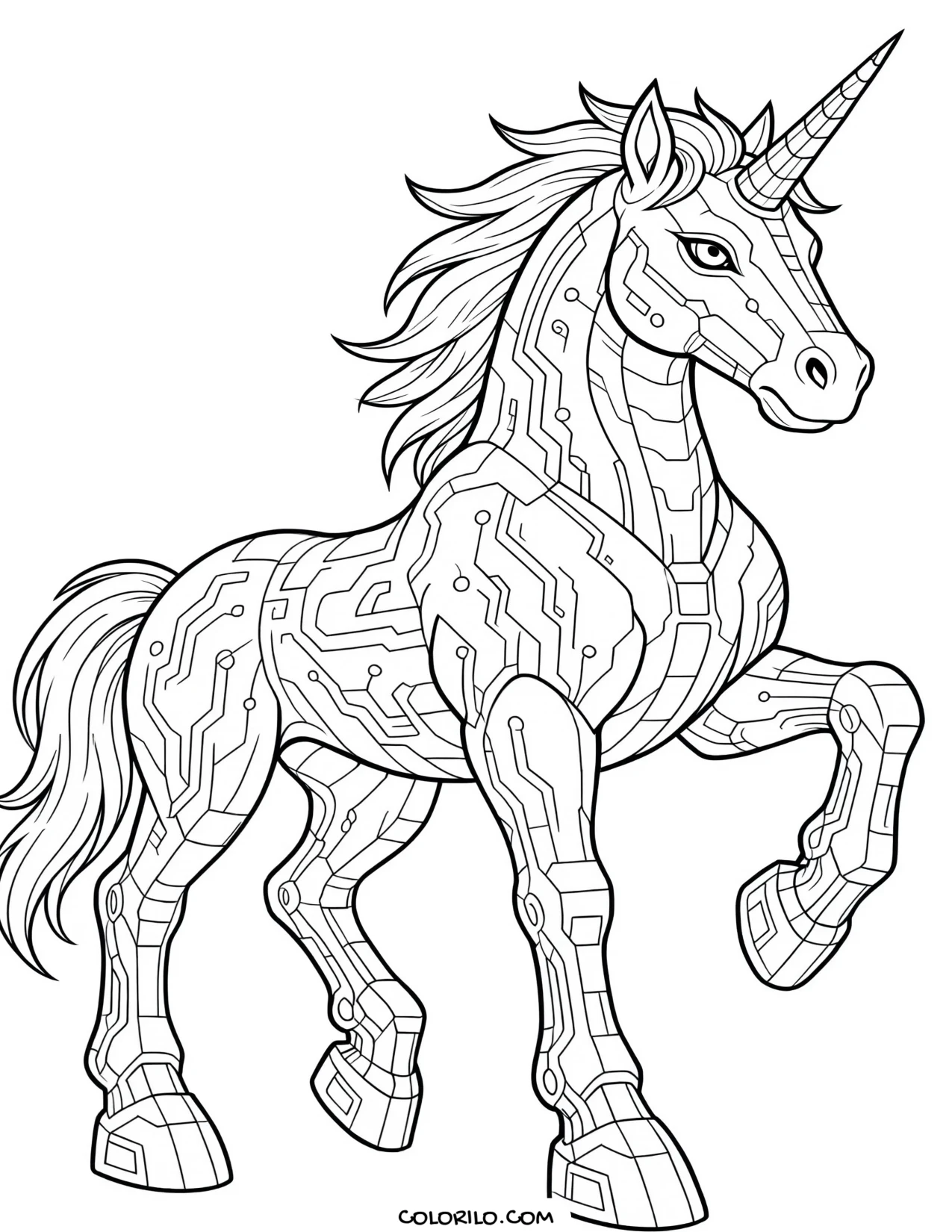 A unicorn patterned with circuit lines coloring page