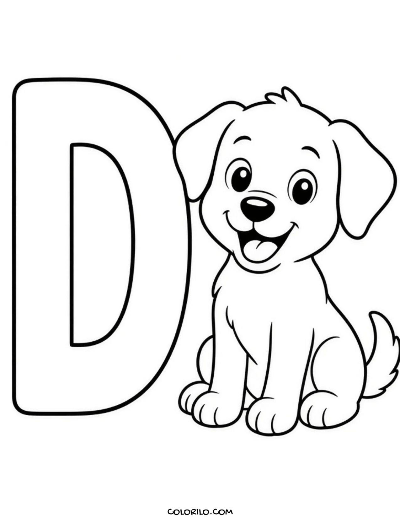 The letter D with a dog coloring page
