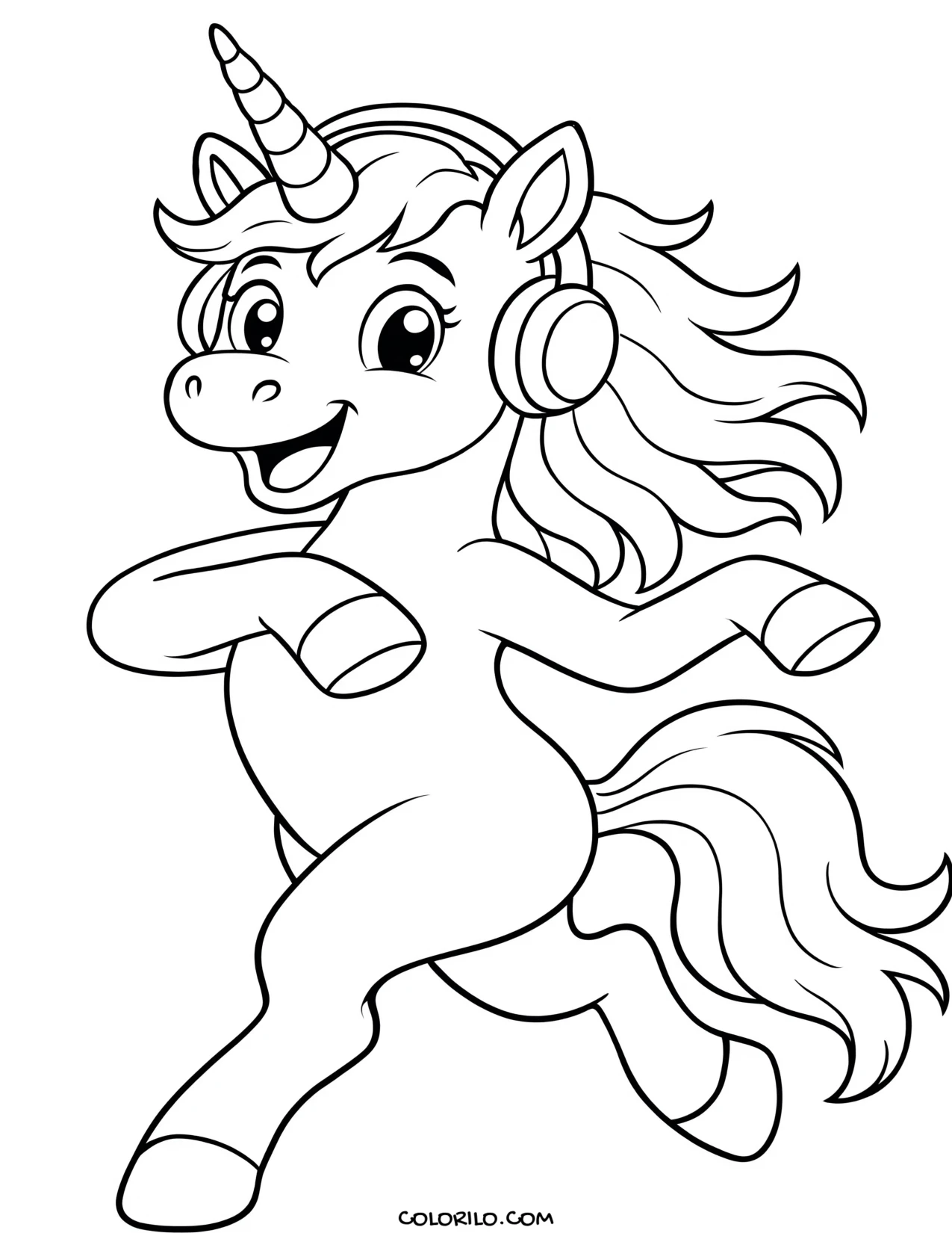 A unicorn dancing in headphones coloring page