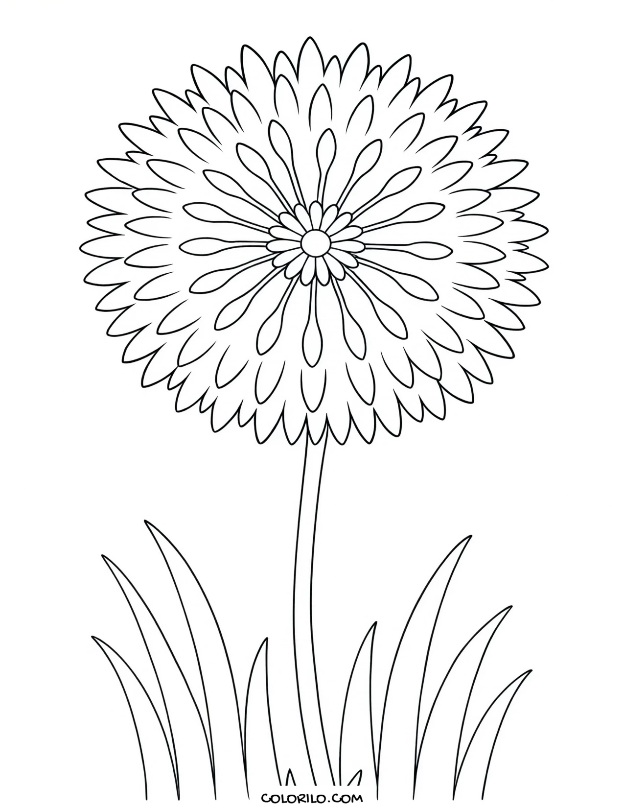 a dandelion clock with seeds blowing away coloring page