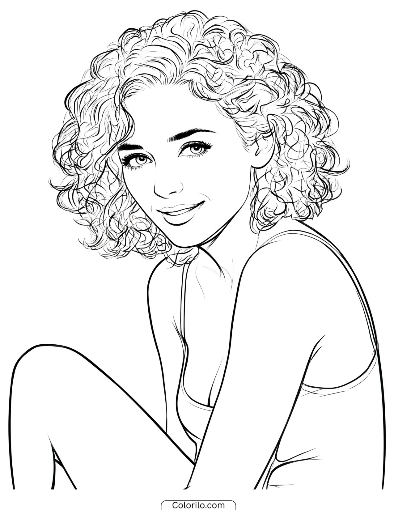 Daniela of KATSEYE in a casual seated portrait coloring page