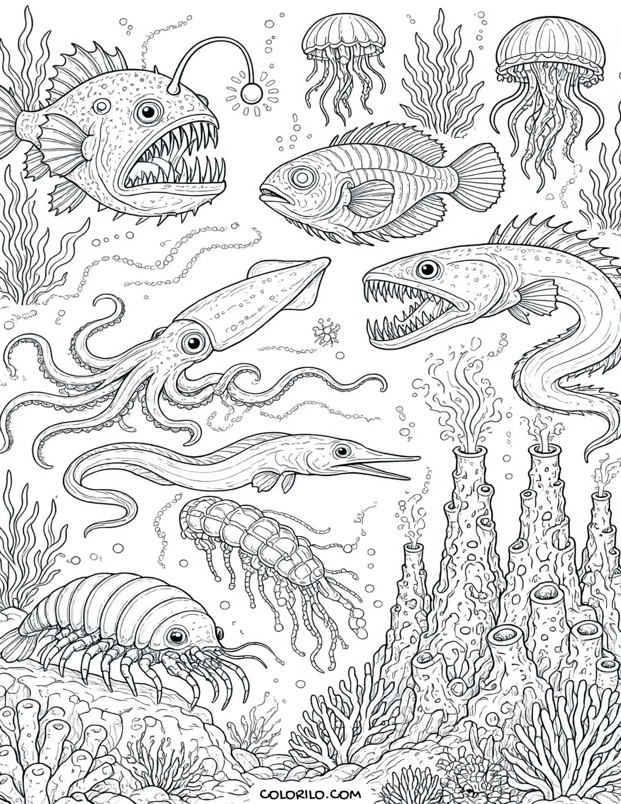 A panorama of bioluminescent deep sea creatures coloring page
