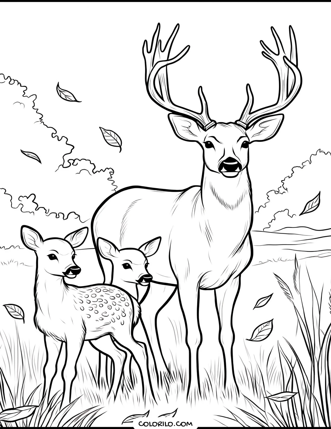 A family of deer in an autumn meadow coloring page