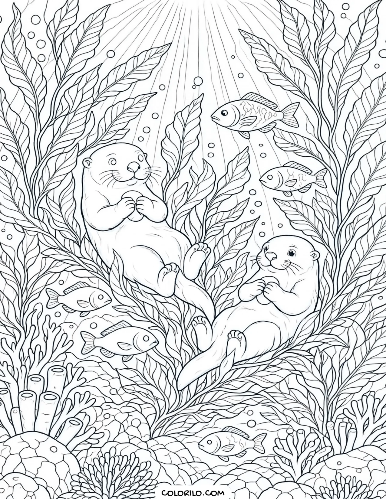 A dense kelp forest with otters and fish coloring page