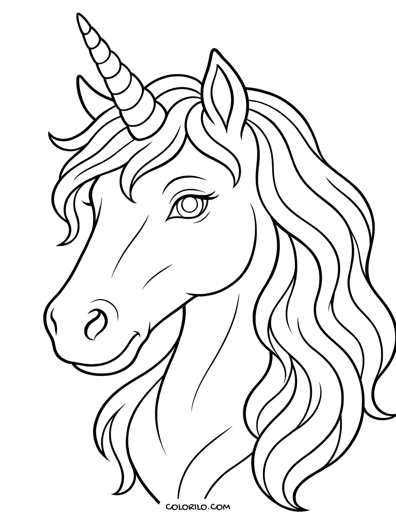 A detailed portrait of a unicorn coloring page