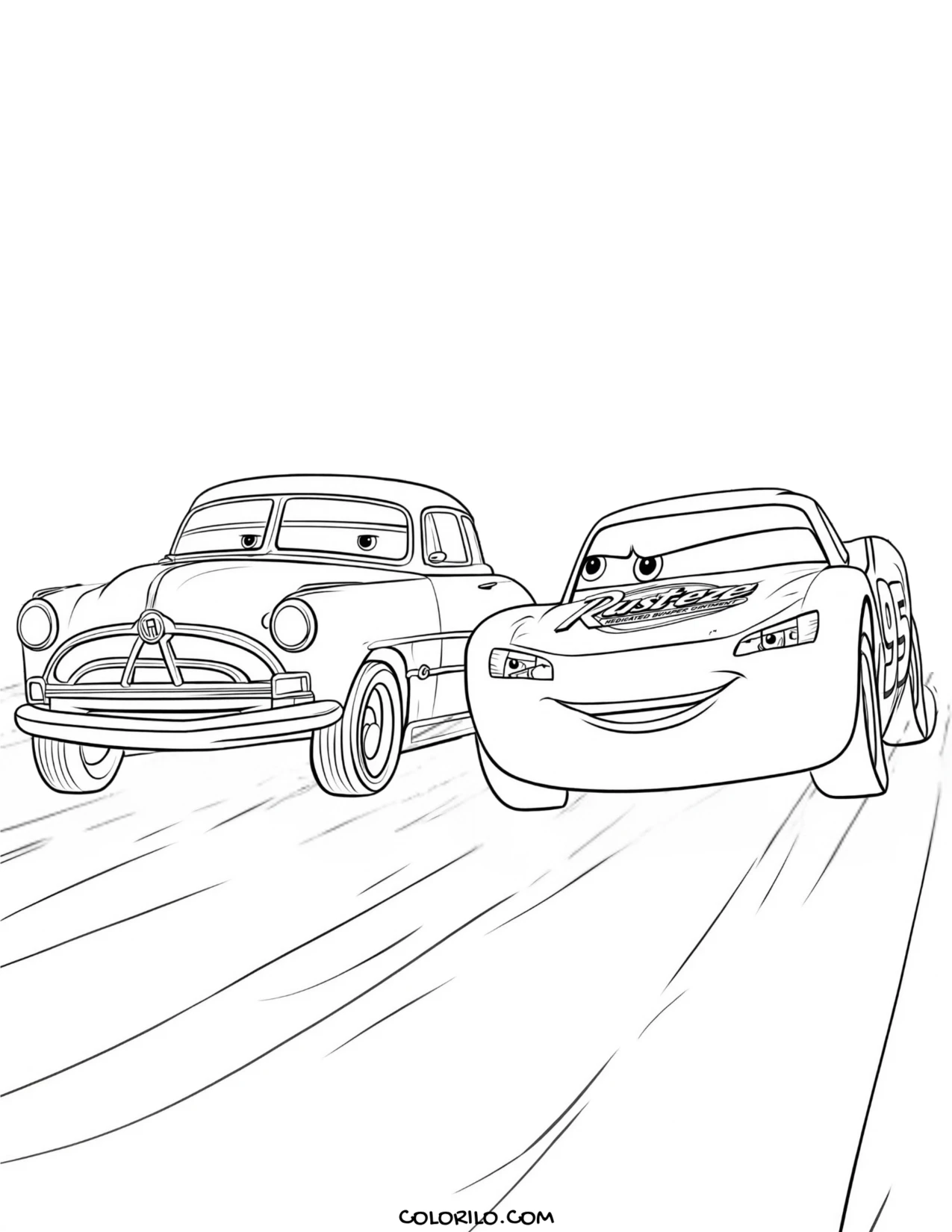 Doc Hudson racing Lightning McQueen coloring page