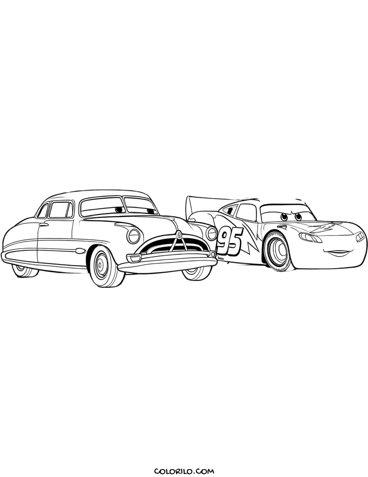 Doc Hudson and Lightning McQueen on the open road coloring page