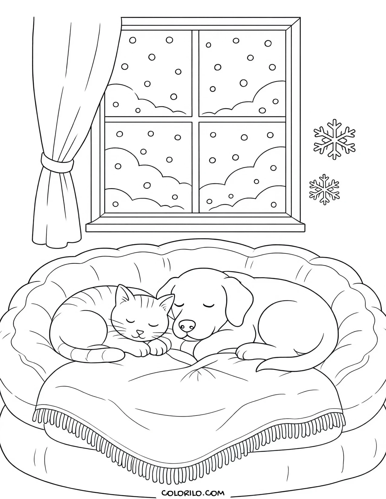 A dog and cat asleep in bed together coloring page