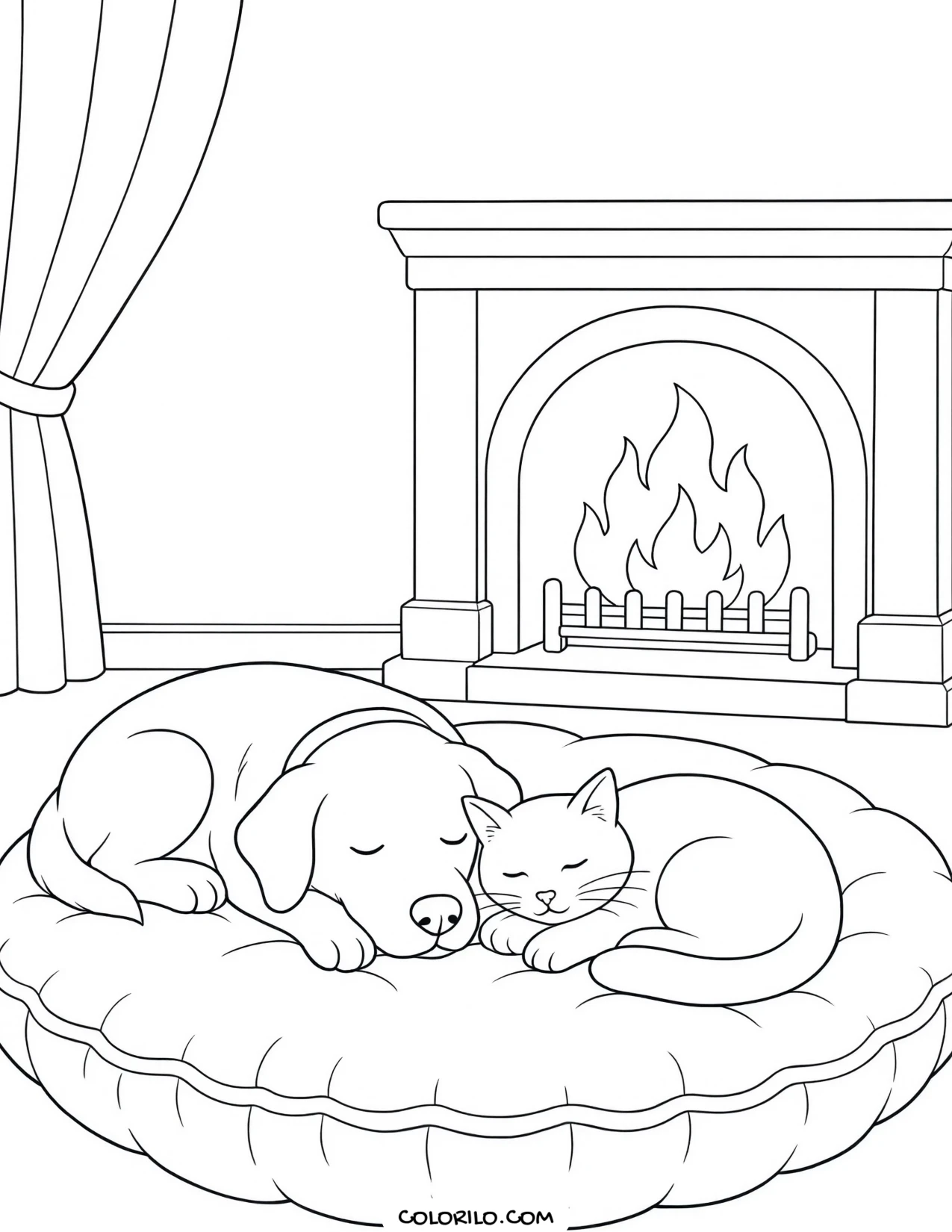 A dog and cat sharing a cushion coloring page