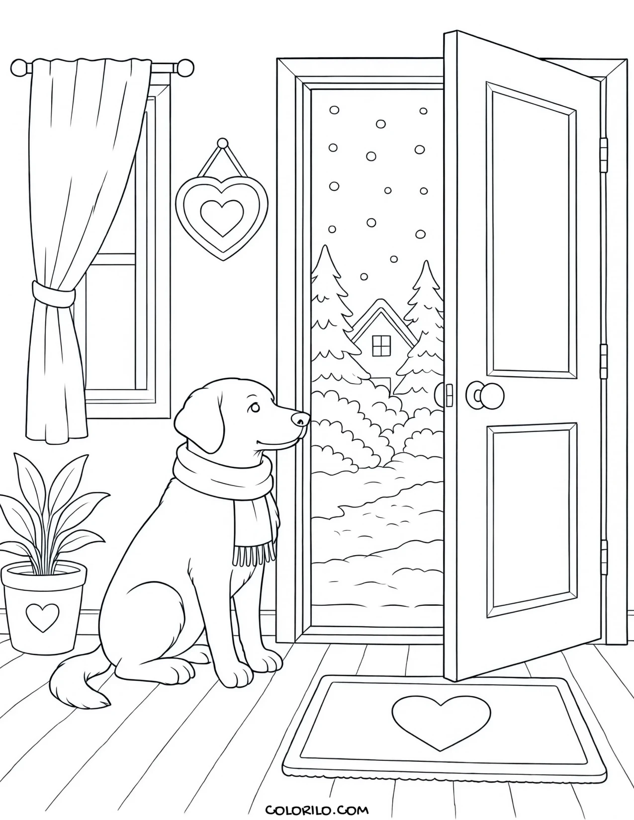 A dog in a scarf waiting at the door coloring page