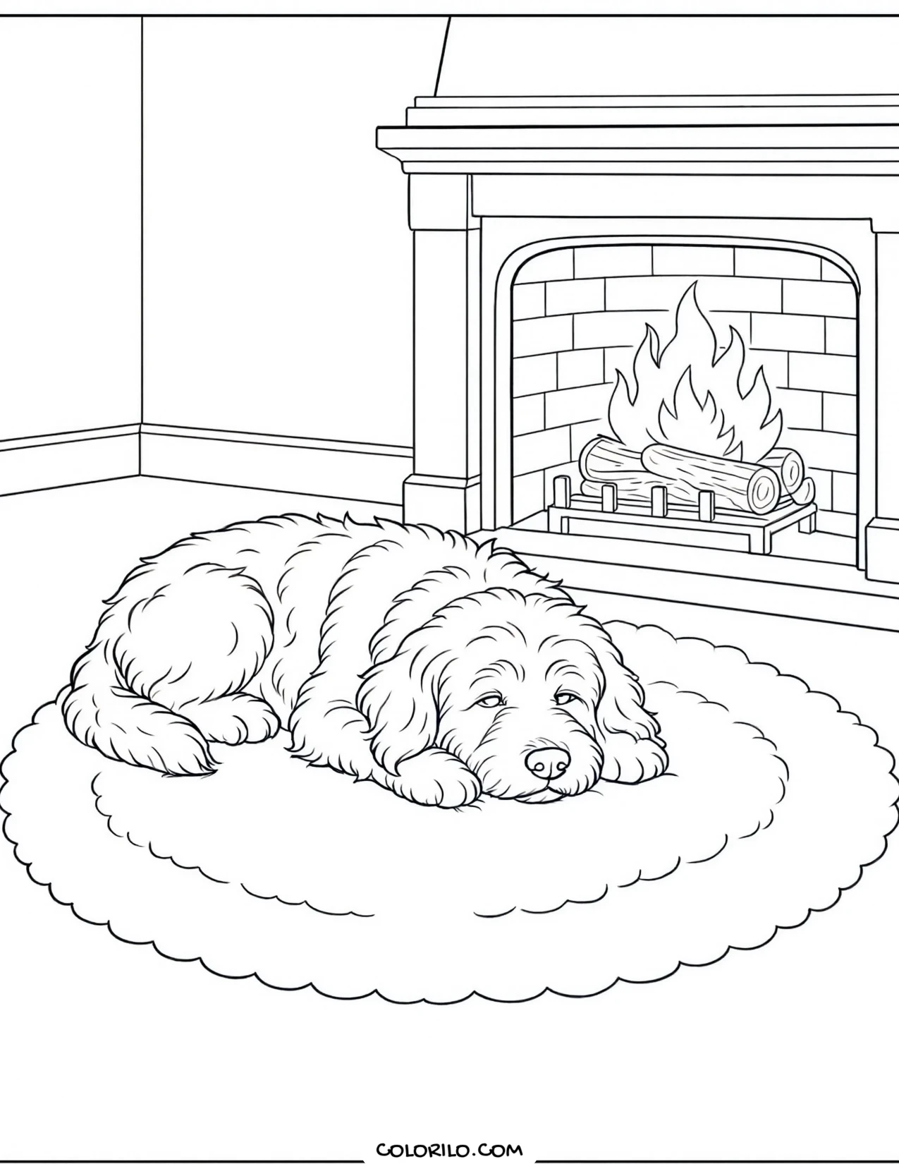 A dog stretched out on the hearth rug coloring page