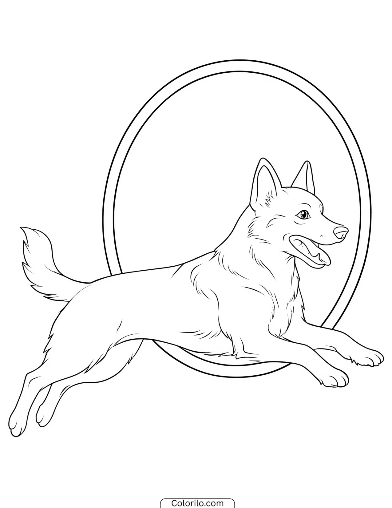 A dog jumping through a hoop coloring page
