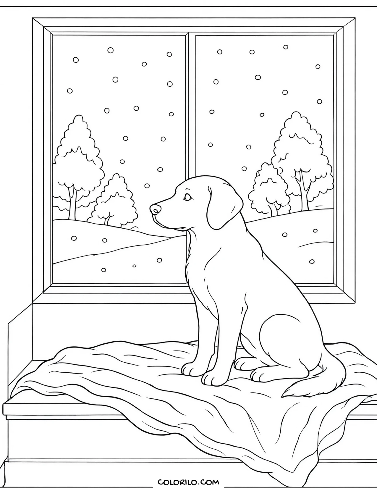 A dog curled up on a window seat coloring page