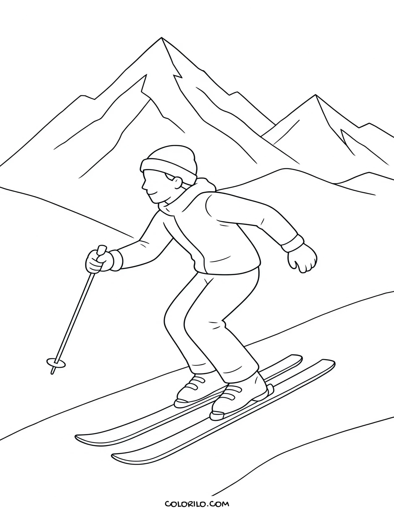 A downhill skier in the mountains coloring page