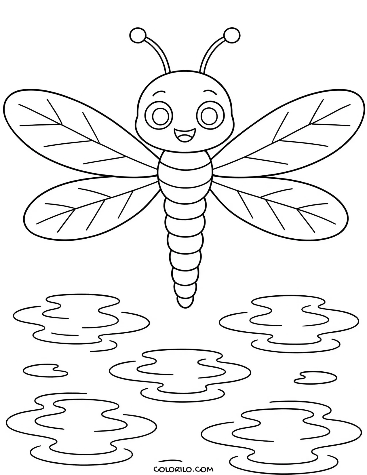 a dragonfly hovering over pond water coloring page