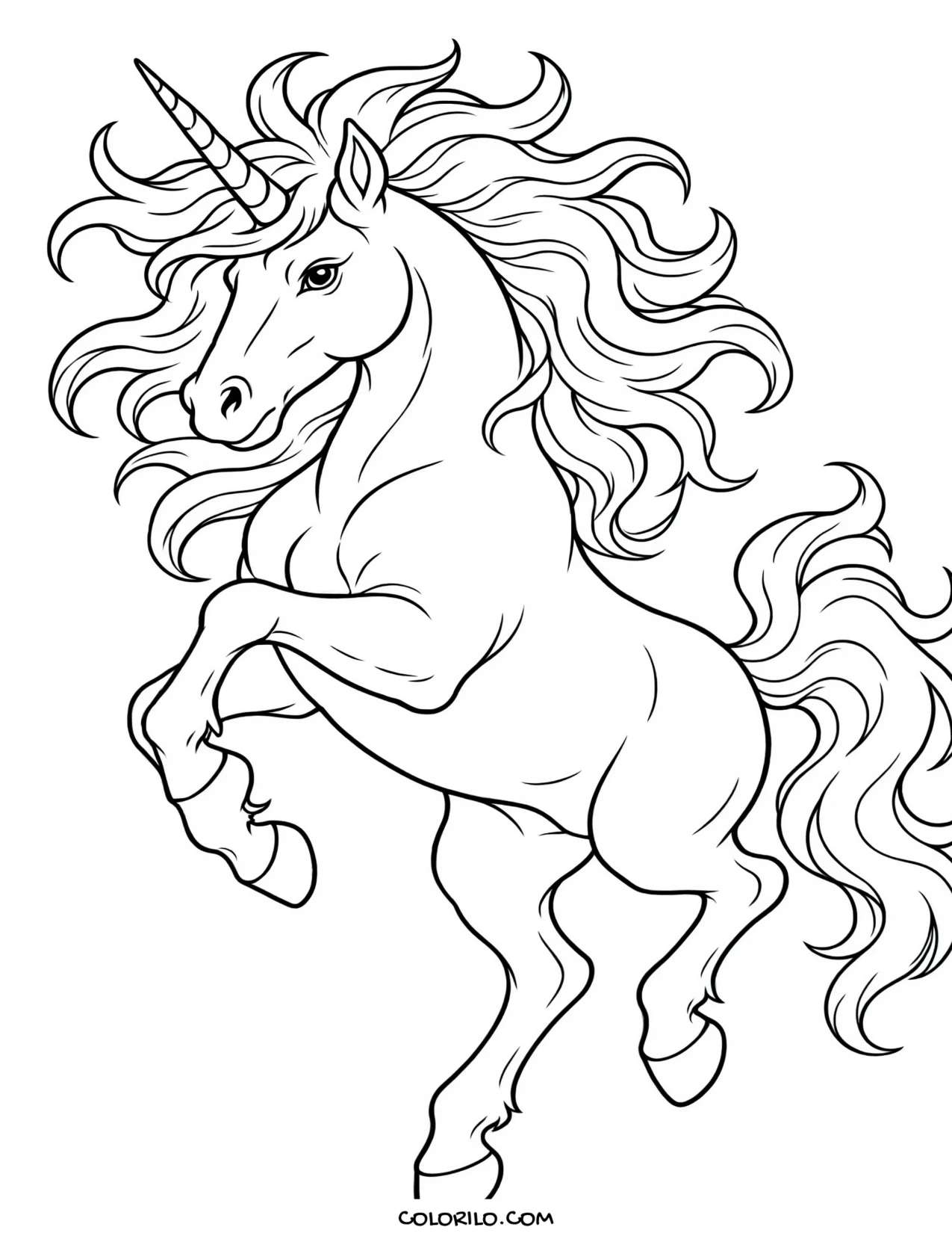 A unicorn rearing dramatically coloring page