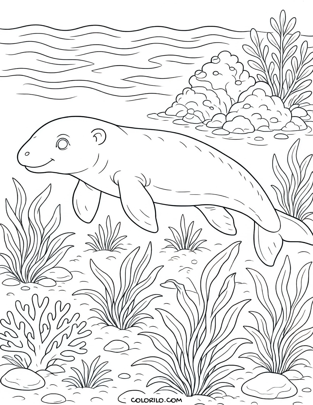 A dugong grazing in a tropical seagrass bay coloring page