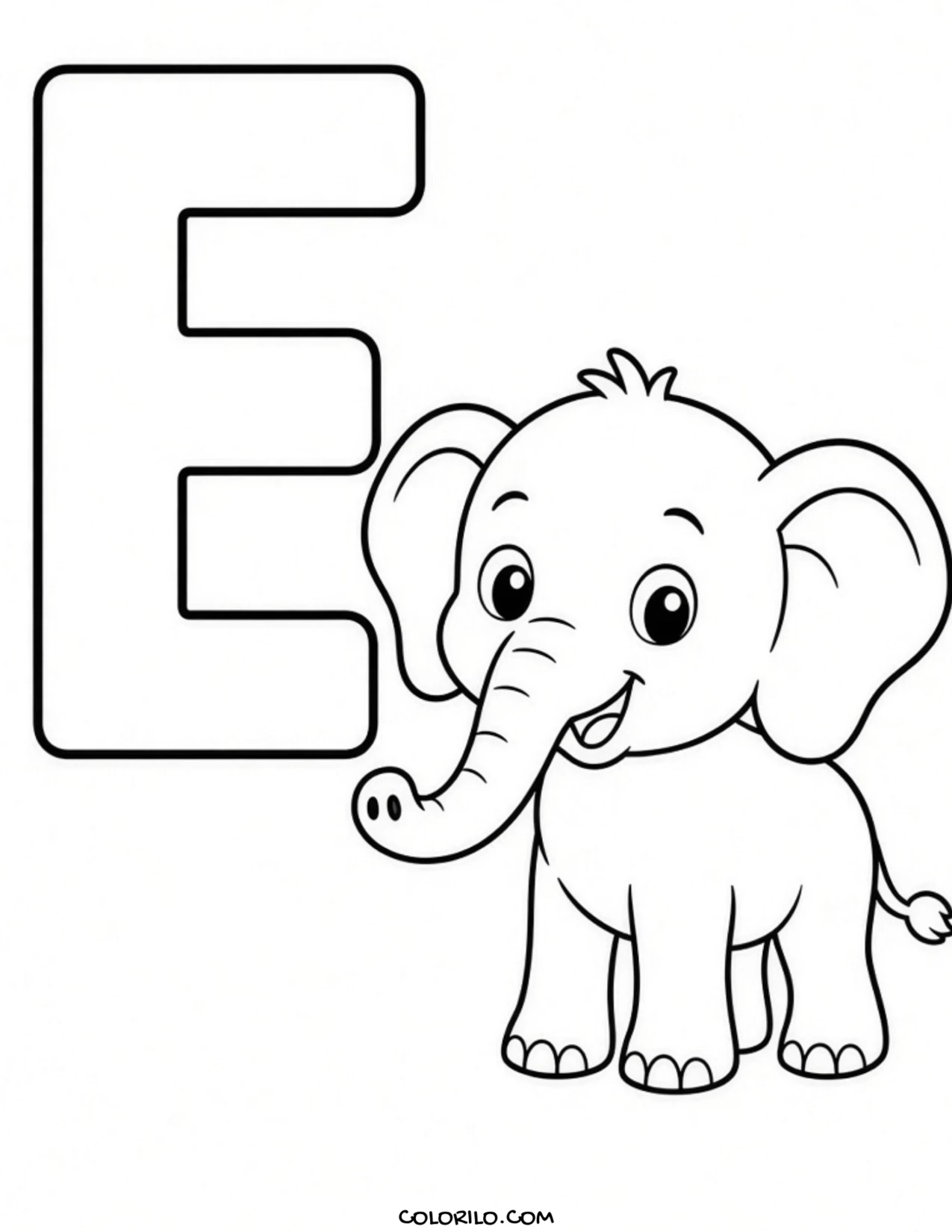 The letter E with an elephant coloring page