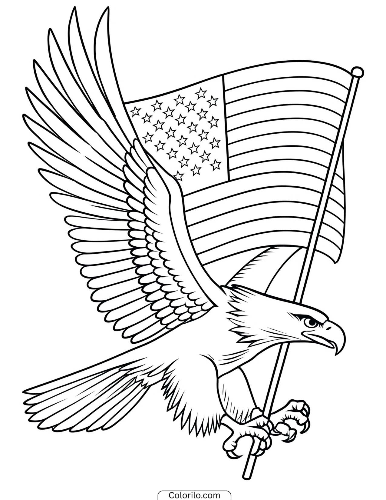 Bald eagle holding an American flag coloring page
