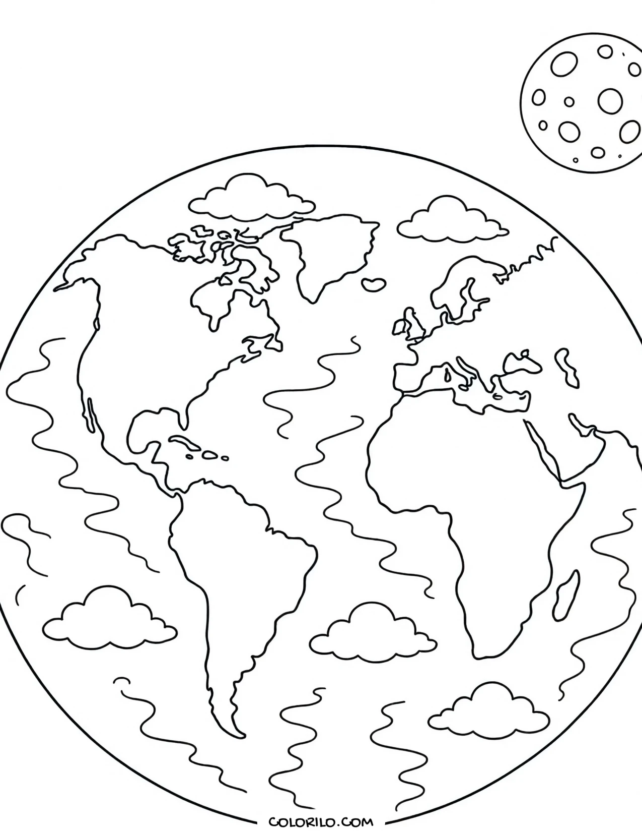 Earth from space showing the continents coloring page