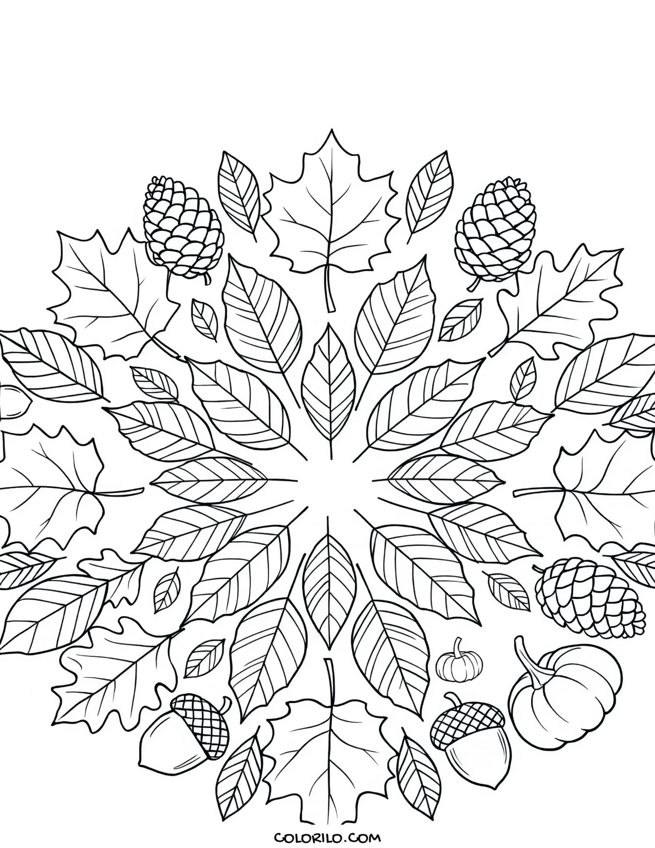 An intricate mandala made from autumn leaves coloring page