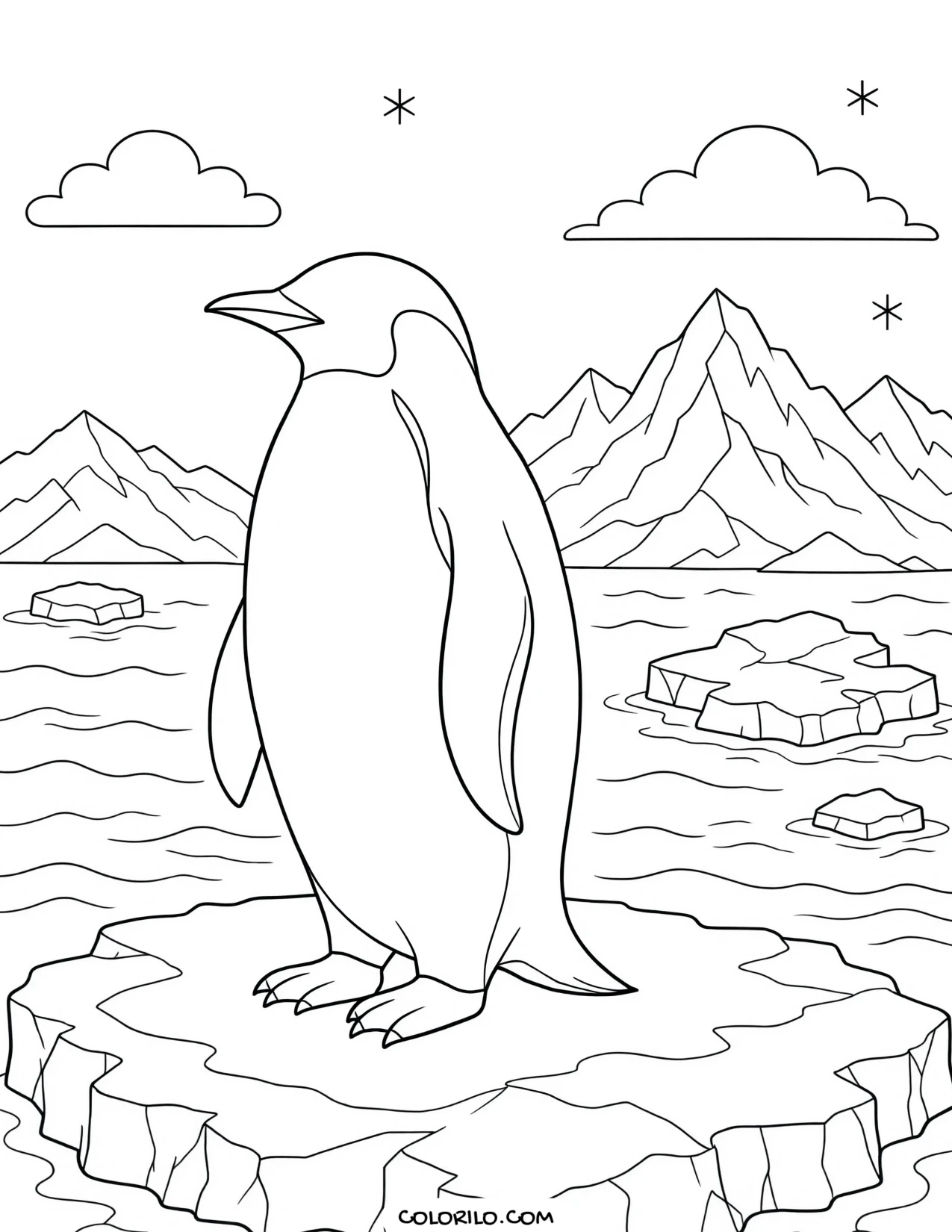 An emperor penguin on Antarctic ice coloring page