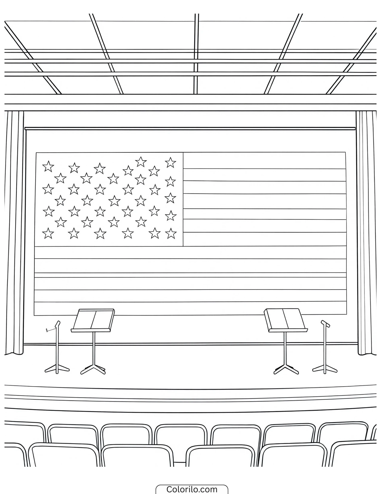 Empty stage set with an American flag coloring page