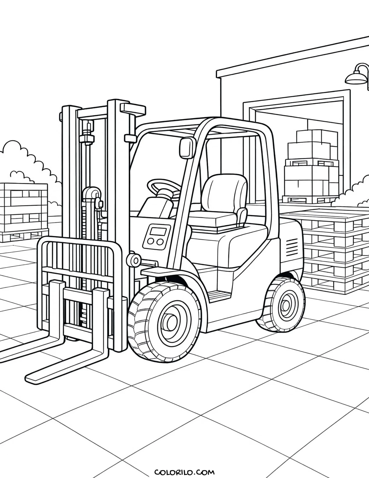 An estate car in a garage with the bonnet up coloring page