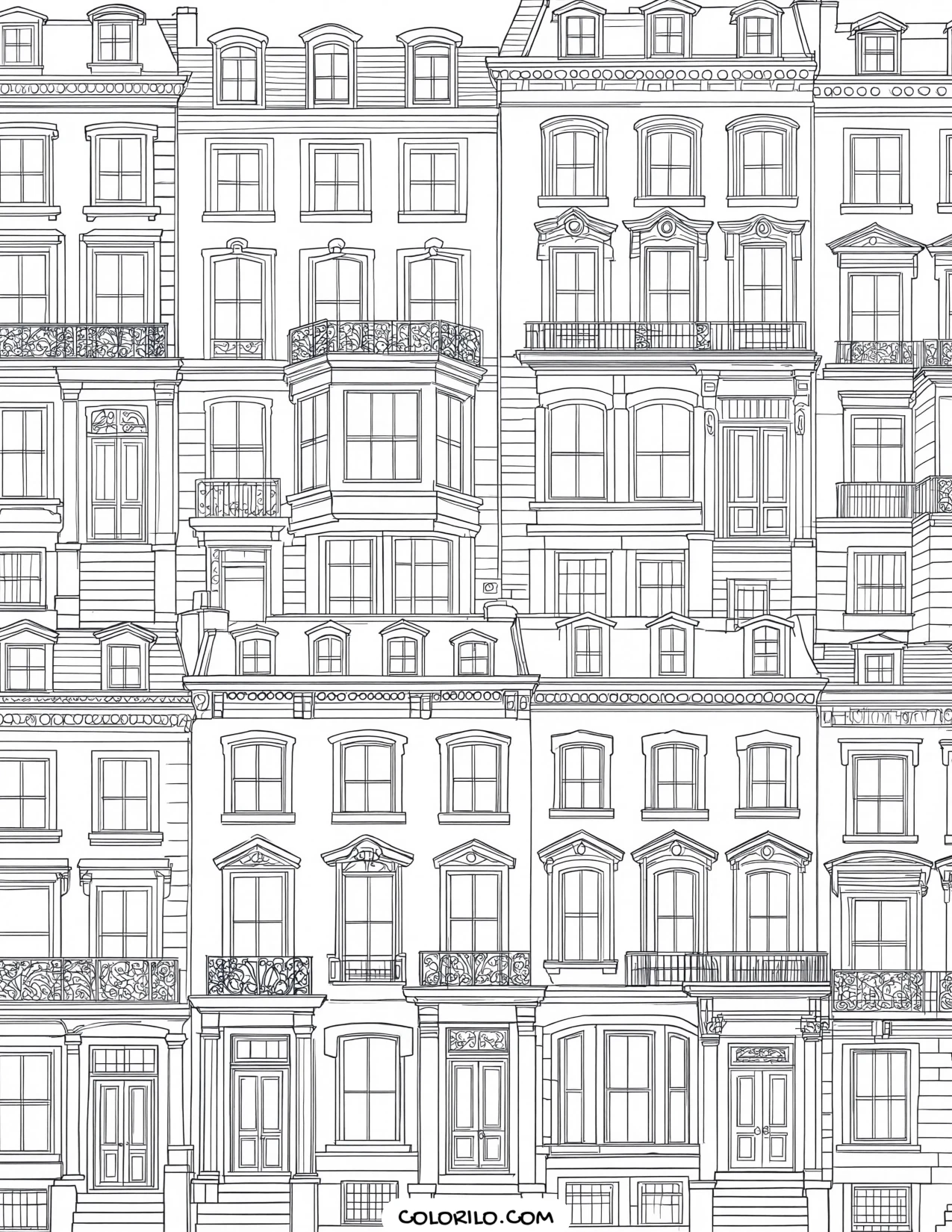 A row of European townhouses with ornate facades coloring page