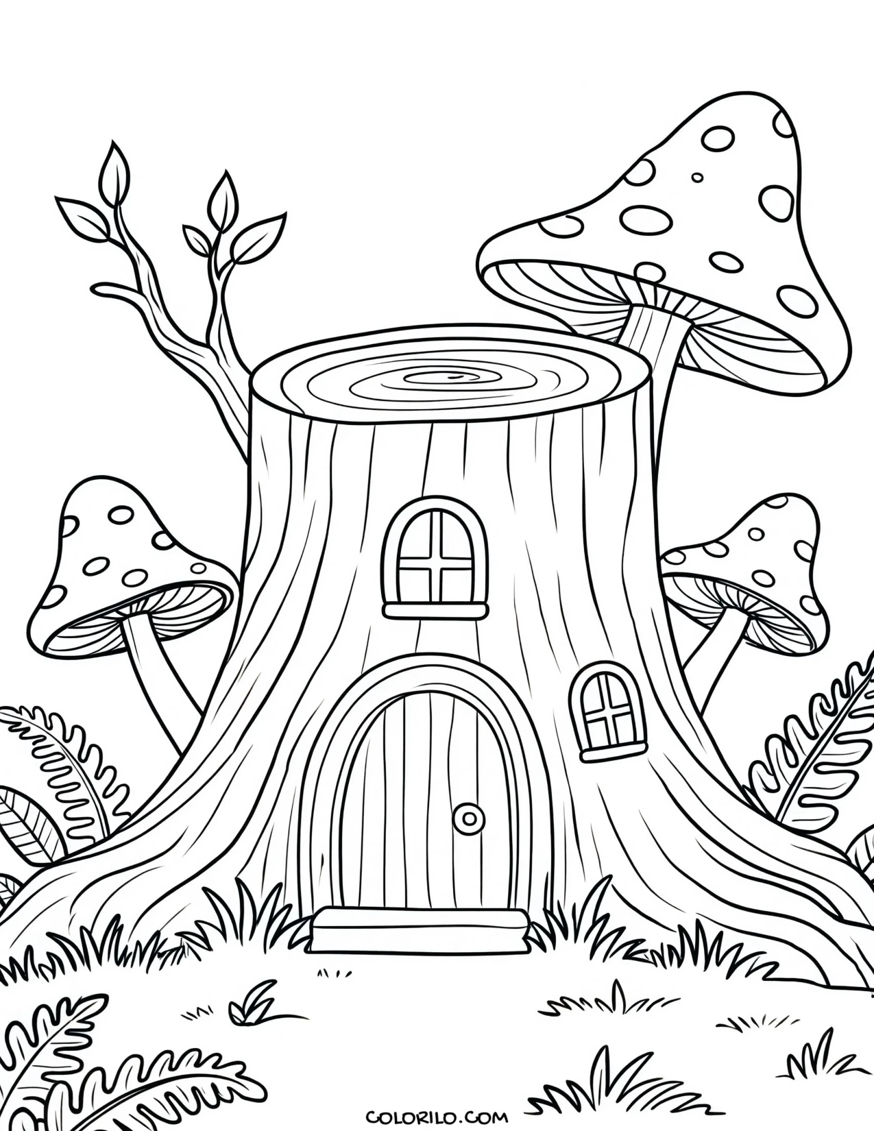 A fairy house built into a tree stump coloring page