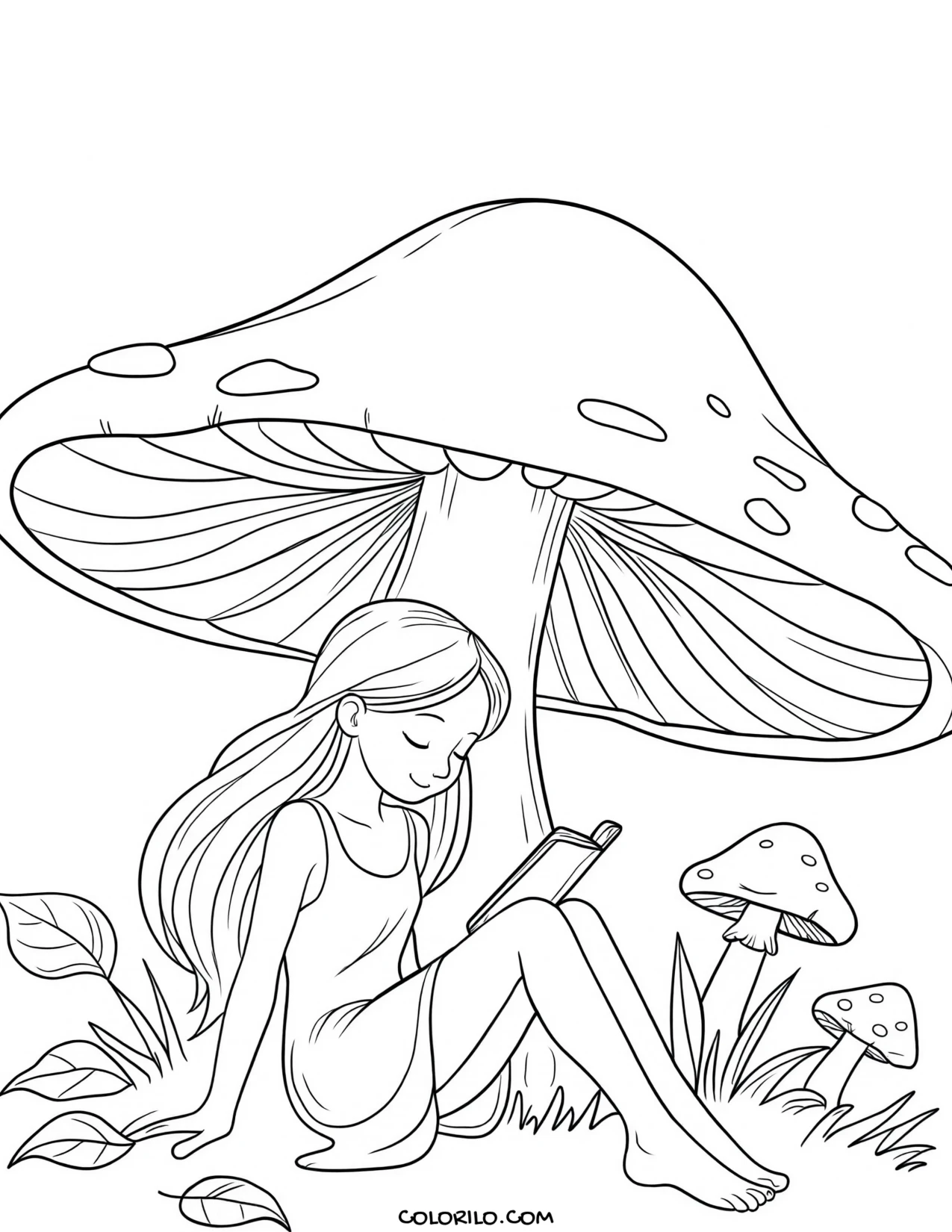 A fairy reading while sitting on a toadstool coloring page
