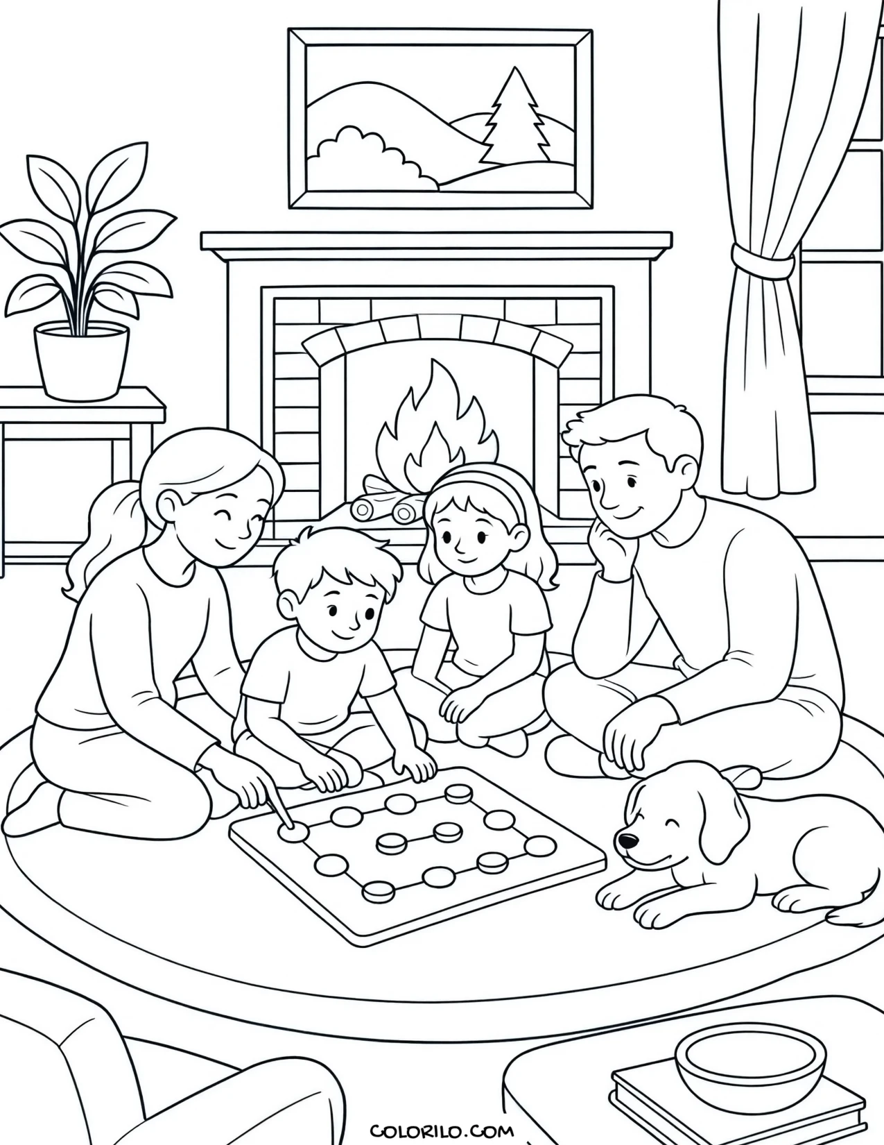 A family playing a board game coloring page
