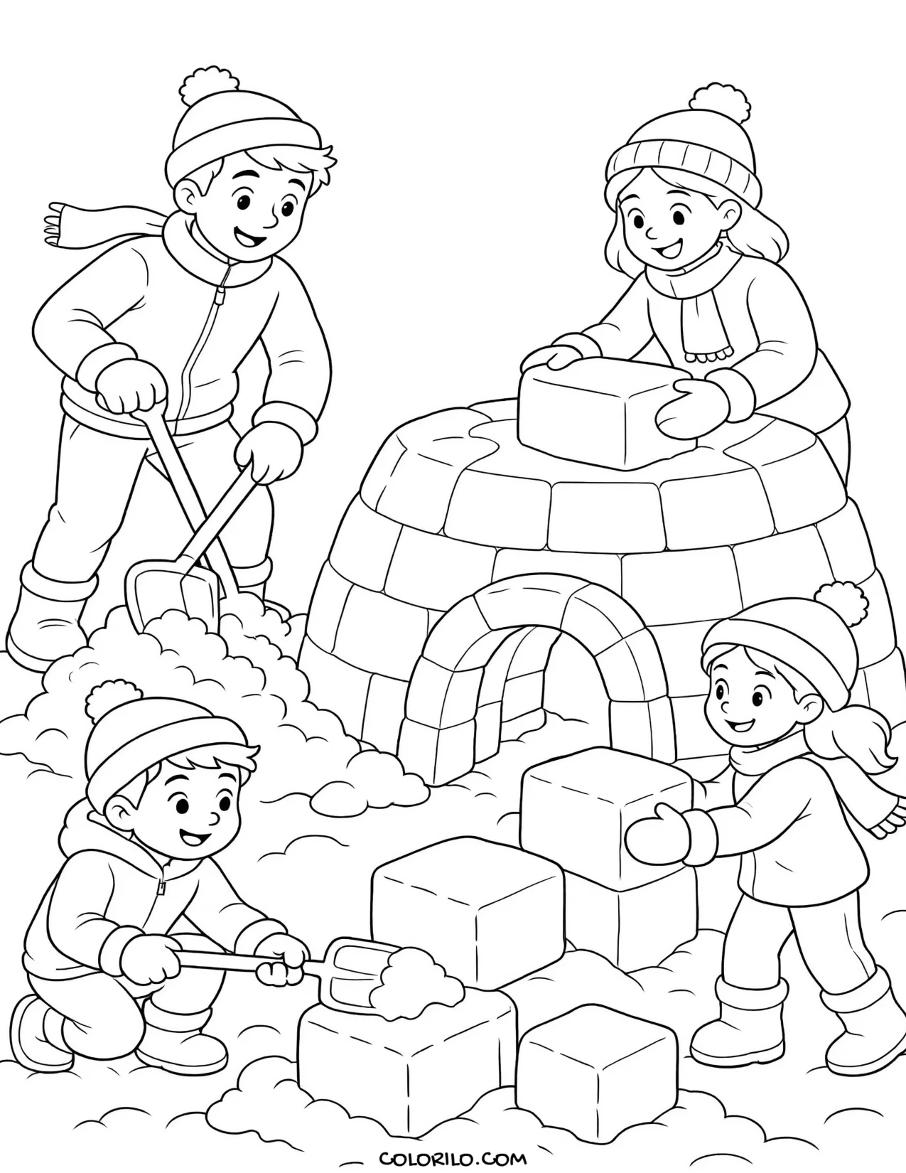 A family building a snow fort coloring page