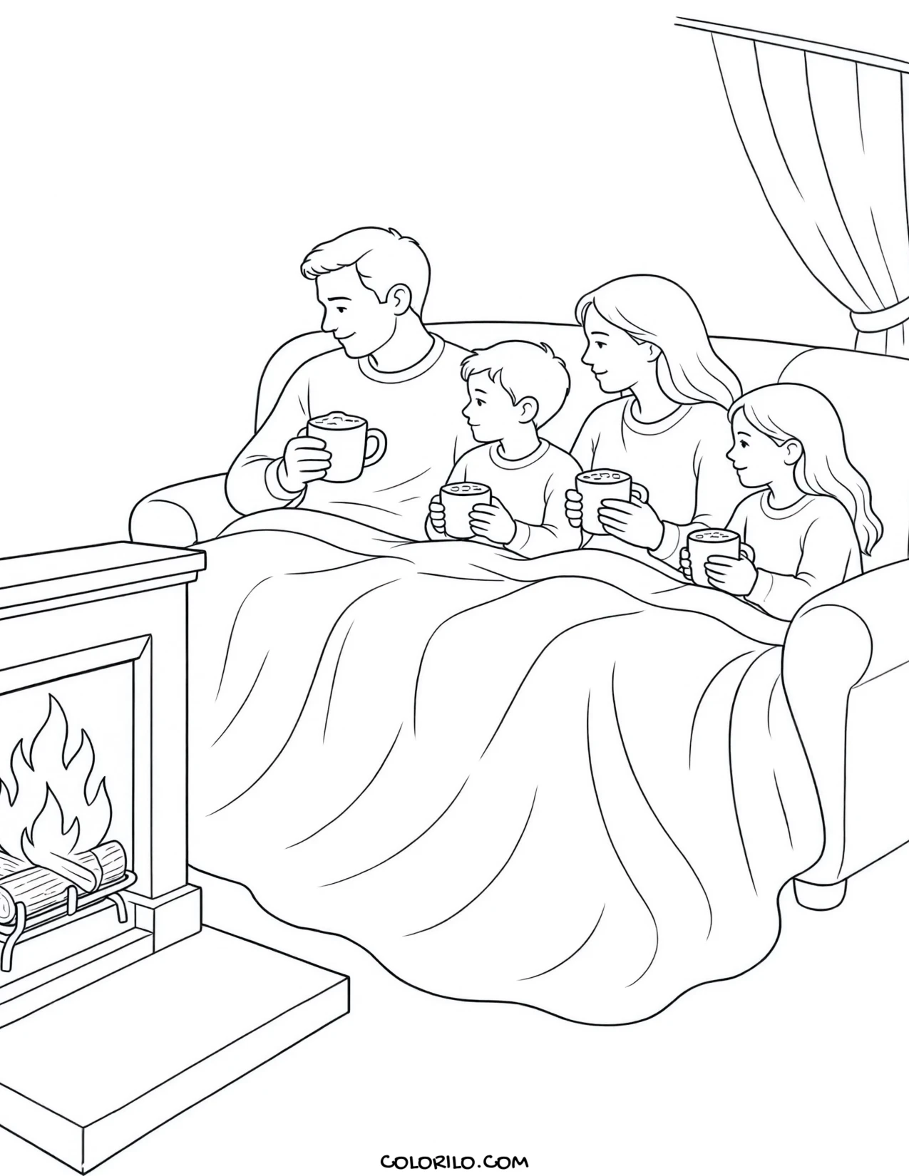 A family together under a blanket coloring page
