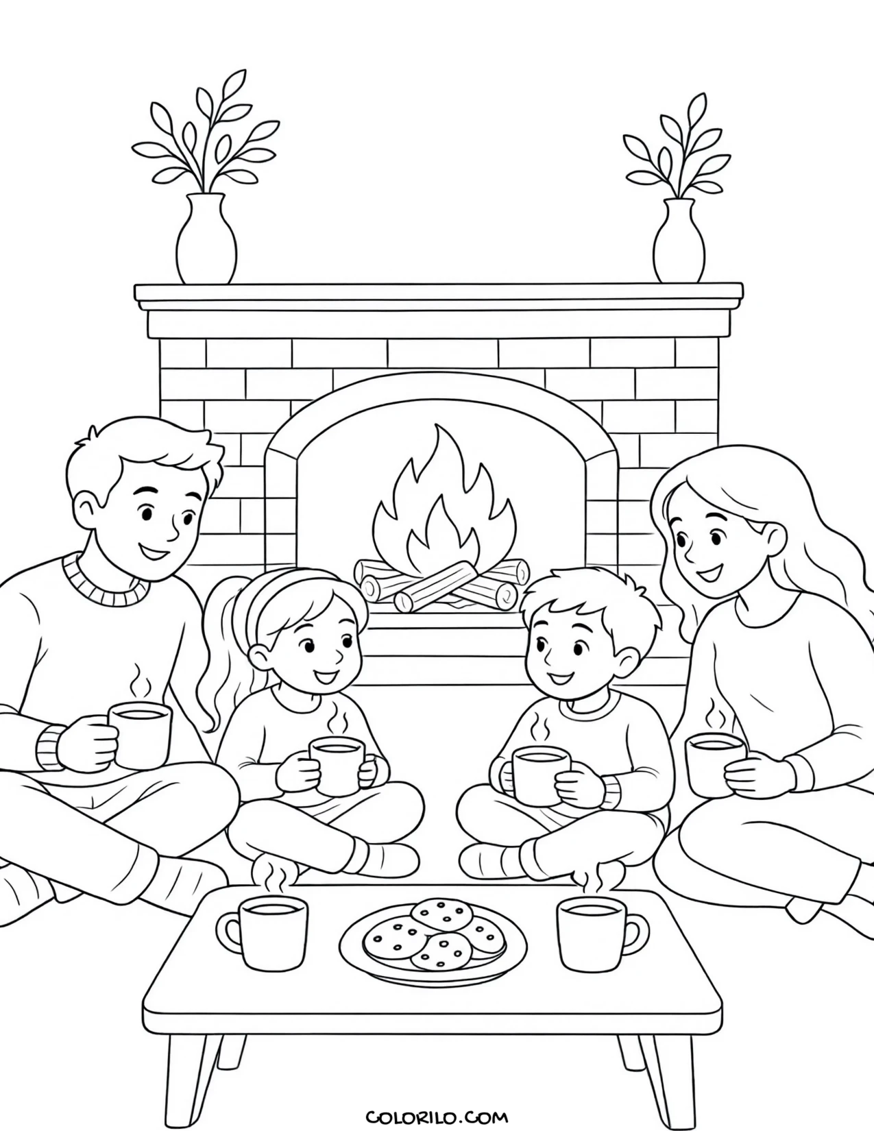 A family sharing hot drinks coloring page