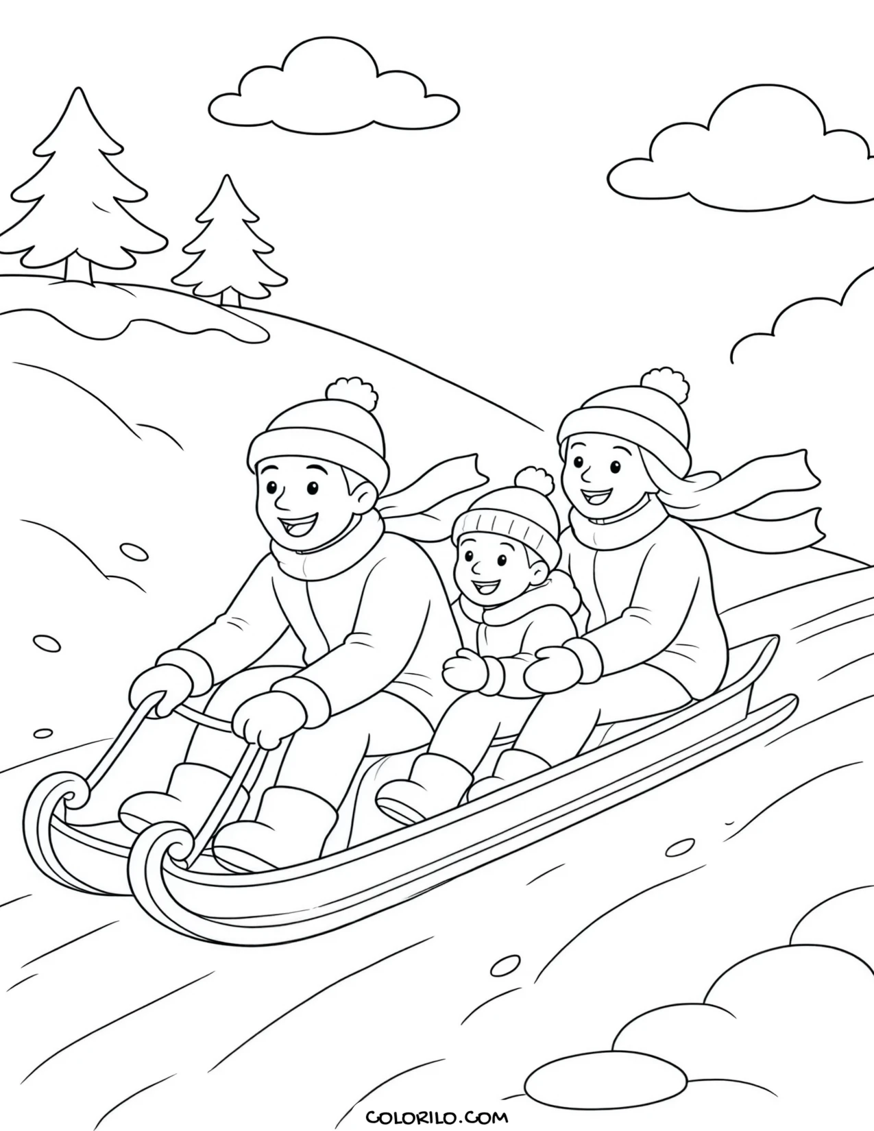 A family riding a toboggan together coloring page