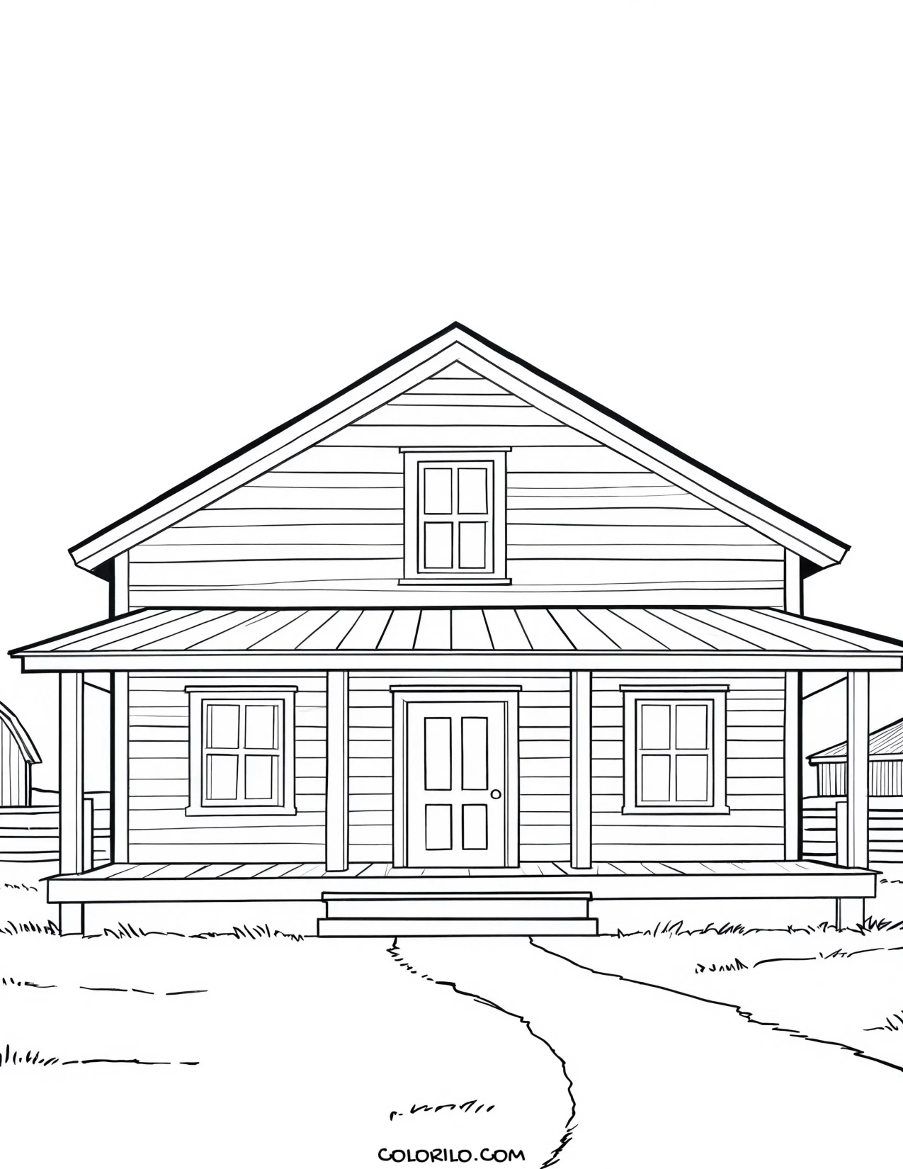 A gabled farmhouse with a wide porch coloring page