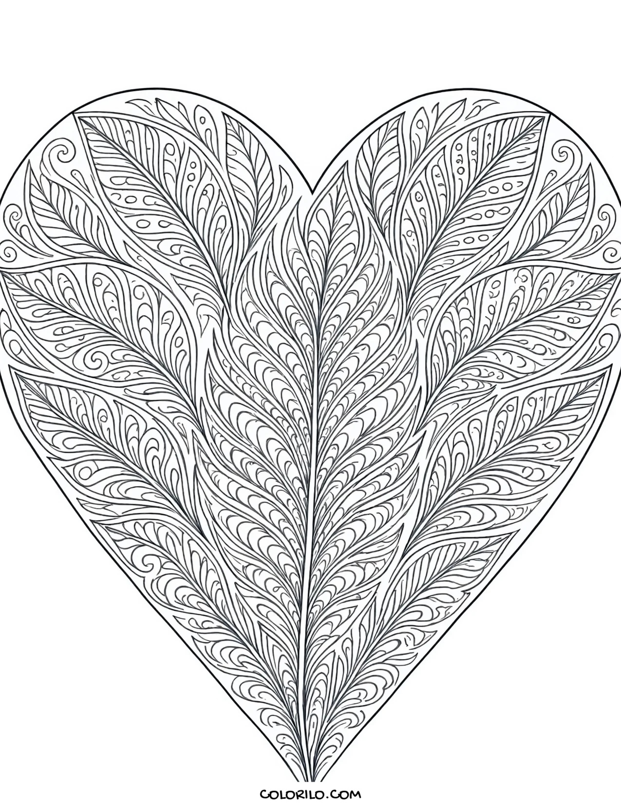 A heart of feathers and leaves coloring page