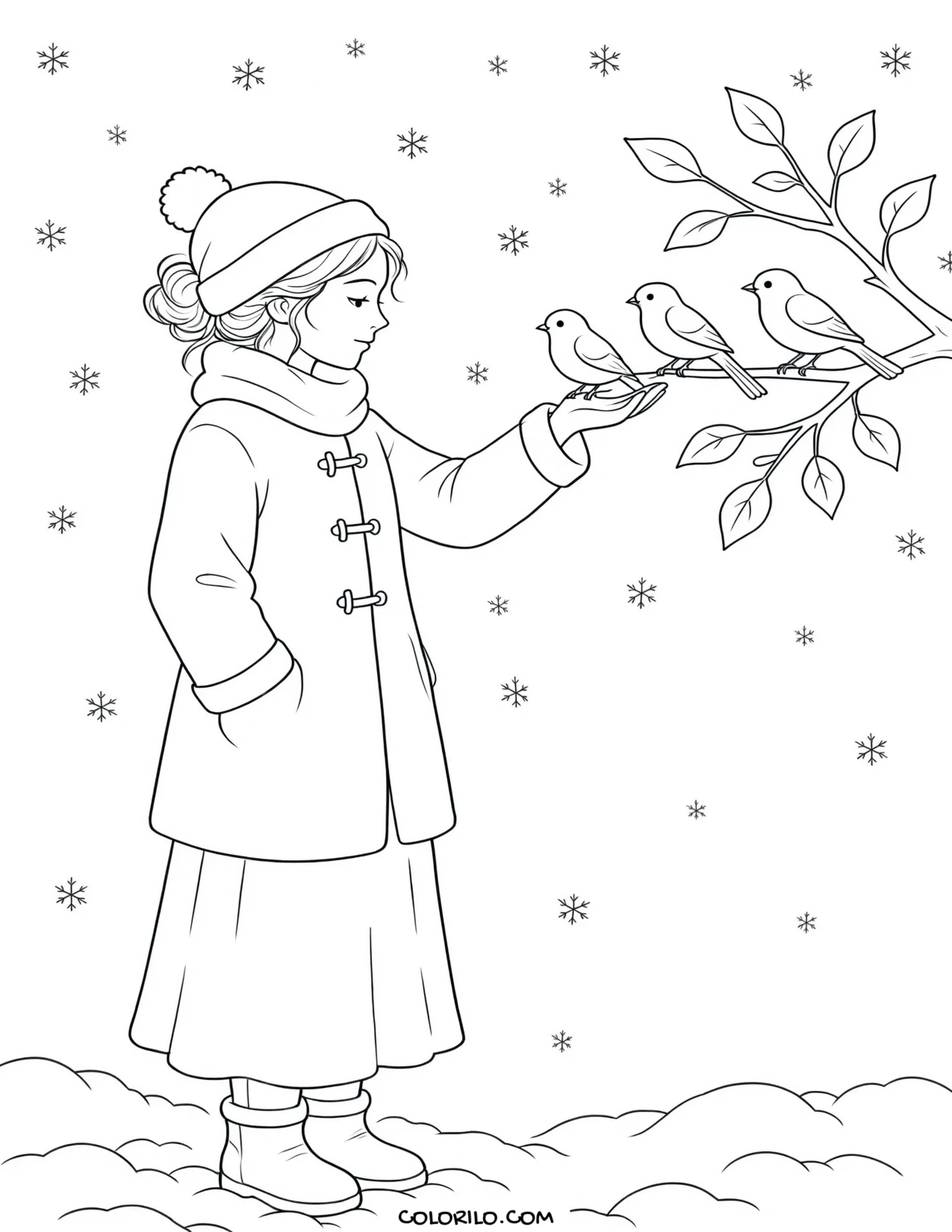 Feeding the birds in the snow coloring page