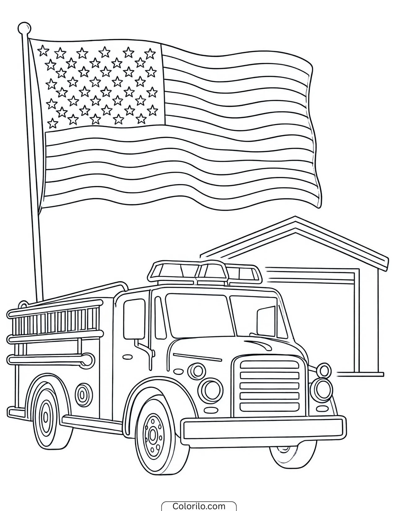 Fire truck beneath a hanging American flag coloring page