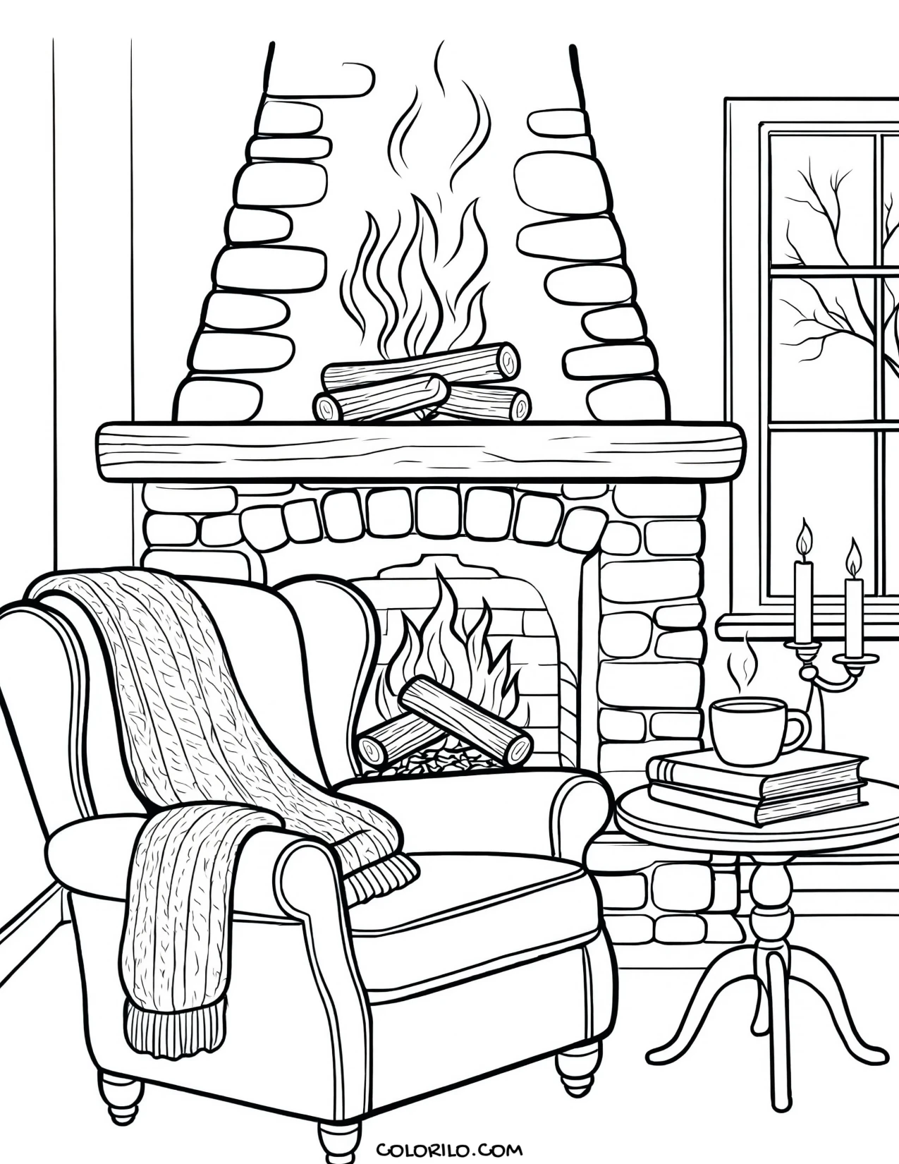 A folded sweater beside the fireplace on an autumn evening coloring page