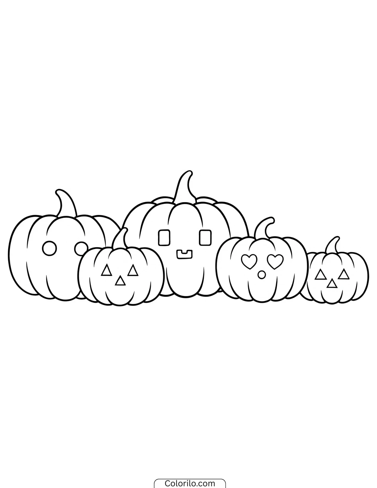Five carved pumpkin faces in a row coloring page