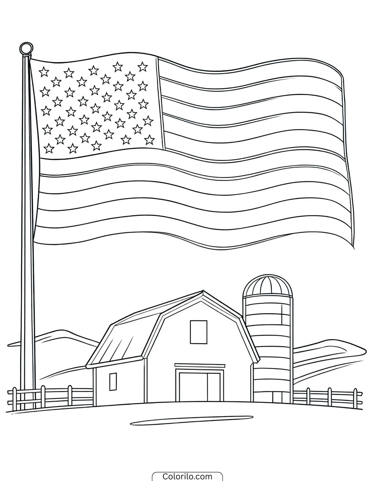 American flag flying above a farm barn coloring page