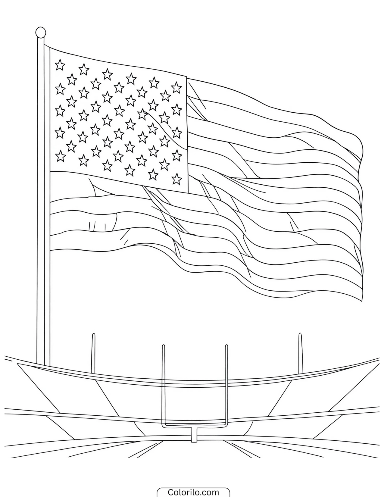 American flag above a sports arena coloring page