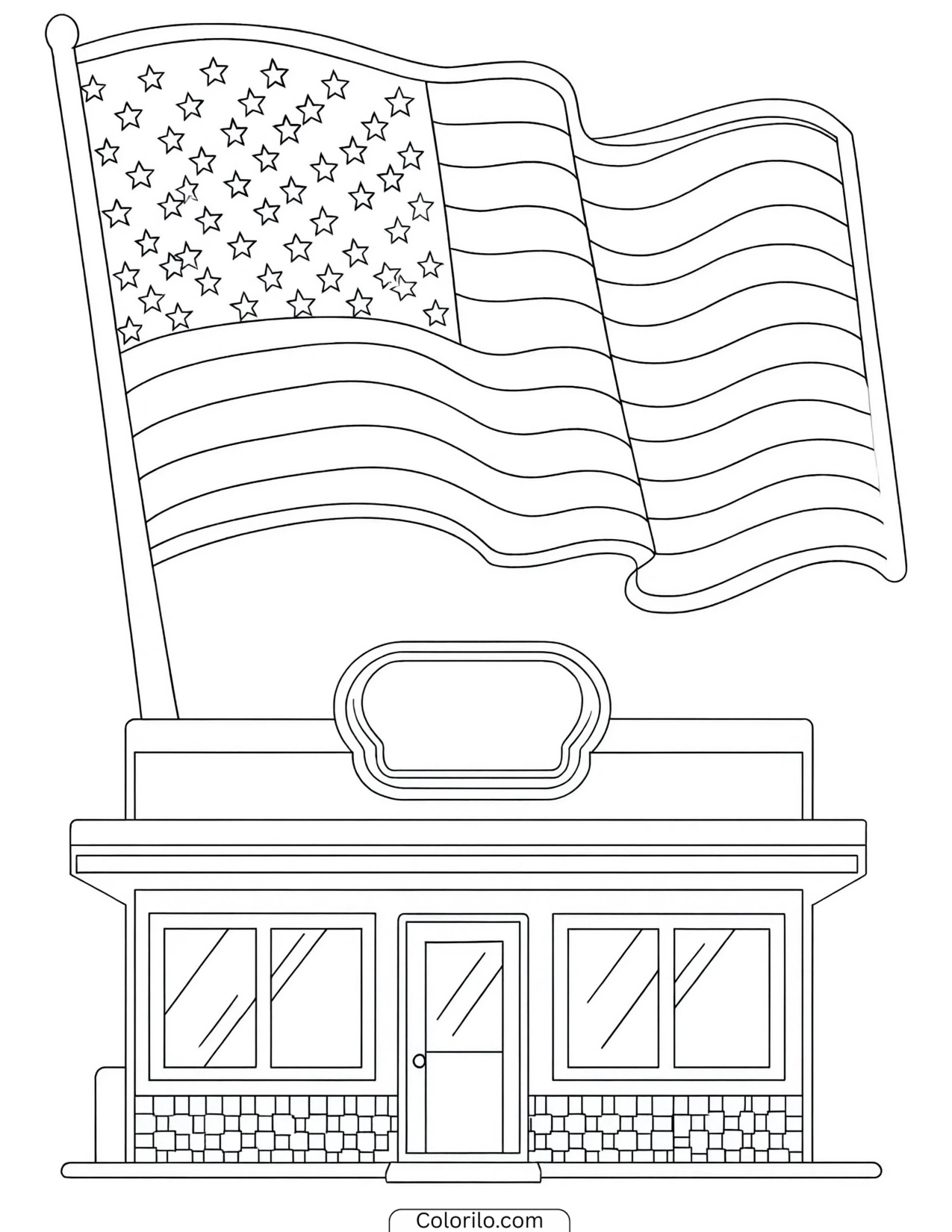 American flag above a small-town storefront coloring page