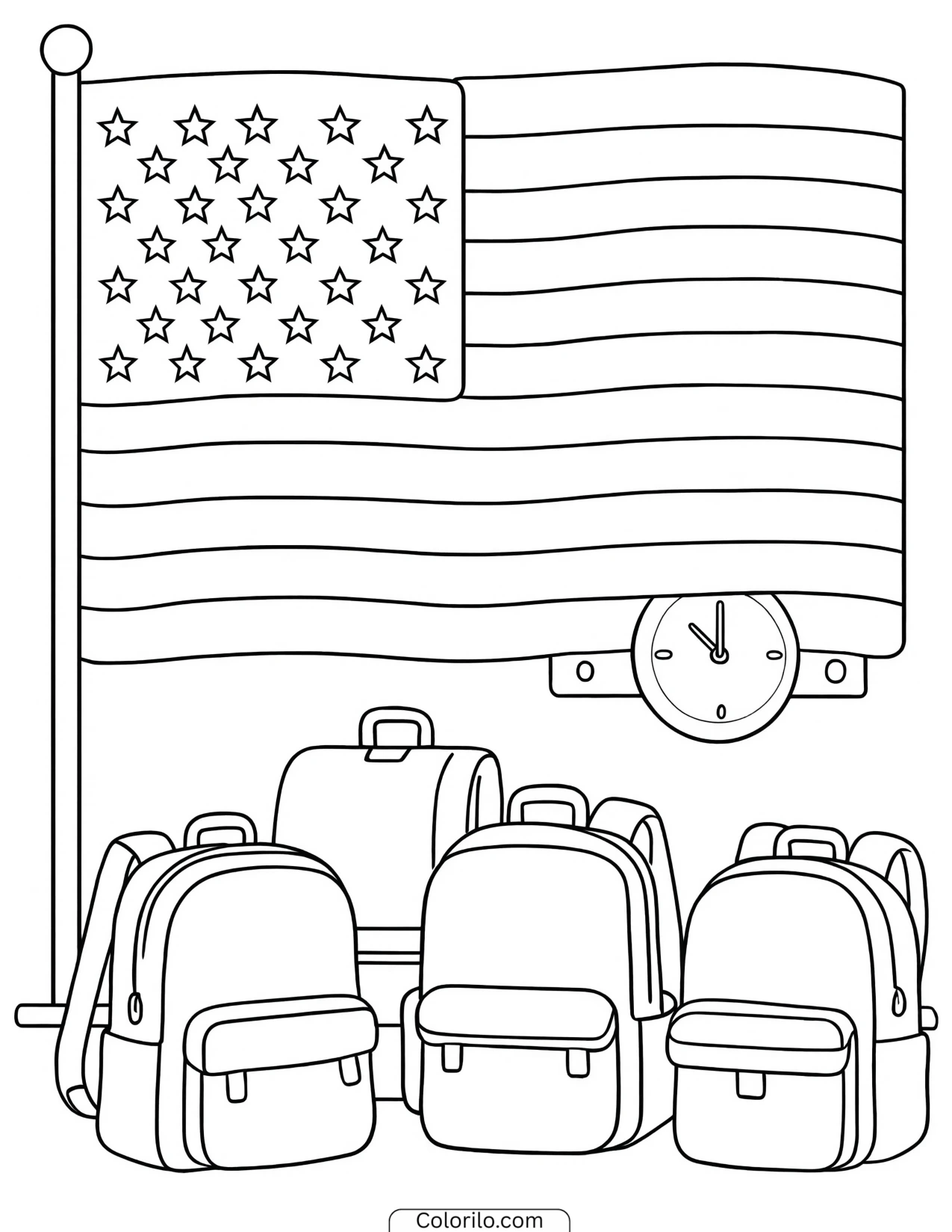Classroom flag with a clock and backpacks coloring page